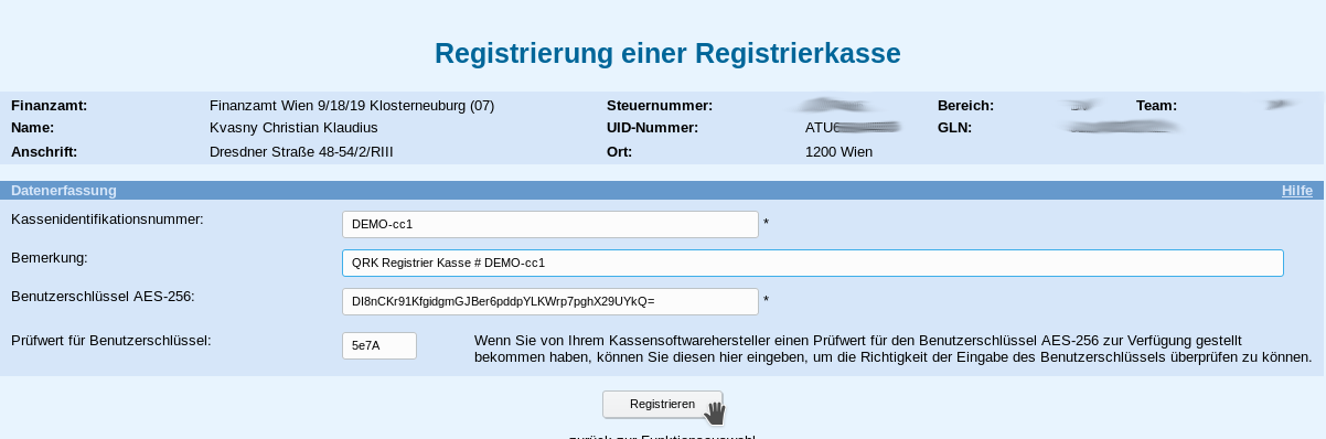 Registrieren der registrierkasse