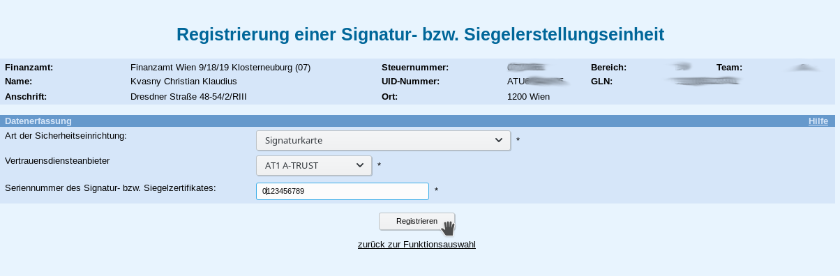 Registrierung der signaturerstellungseinheit